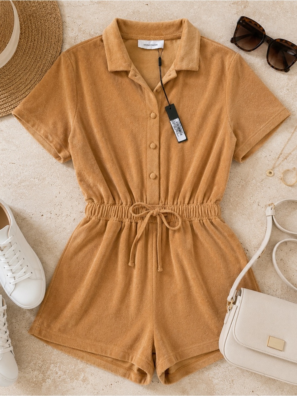 MYRASWIM Terry Cloth Romper NWT Bisque Camel-Honey Resort Size Medium